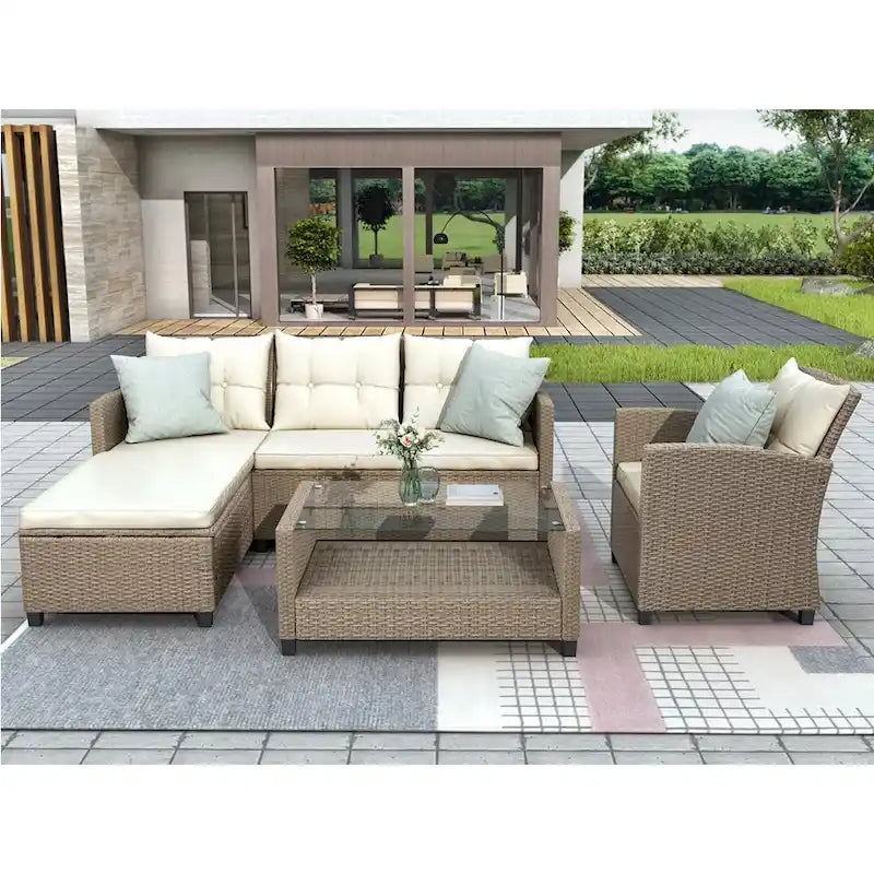 Salon, Extérieur, Ensembles de mobilier de patio, Canapé sectionnel en rotin 4 pièces avec coussins d'assise