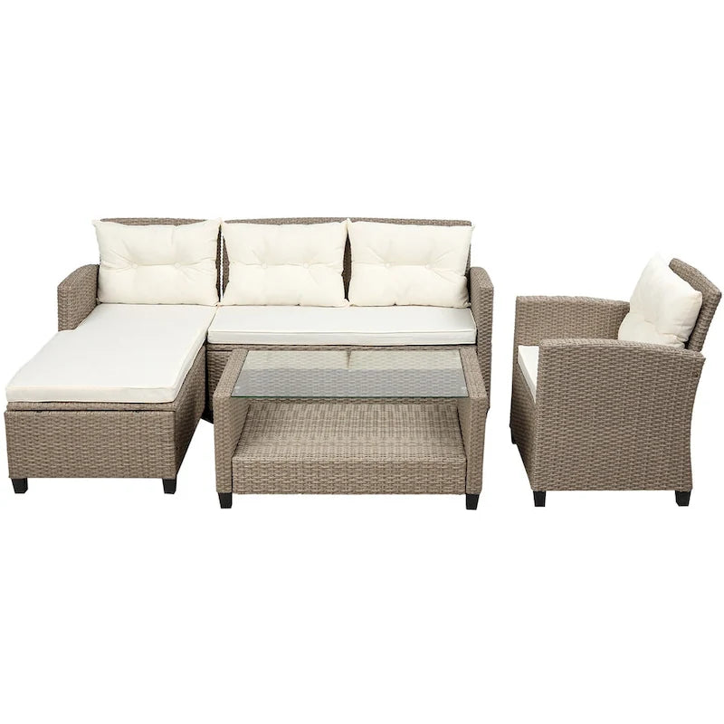 Salon, Extérieur, Ensembles de mobilier de patio, Canapé sectionnel en rotin 4 pièces avec coussins d'assise