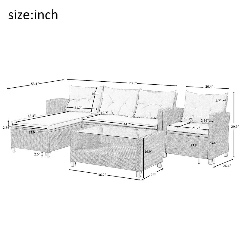 Salon, Extérieur, Ensembles de mobilier de patio, Canapé sectionnel en rotin 4 pièces avec coussins d'assise