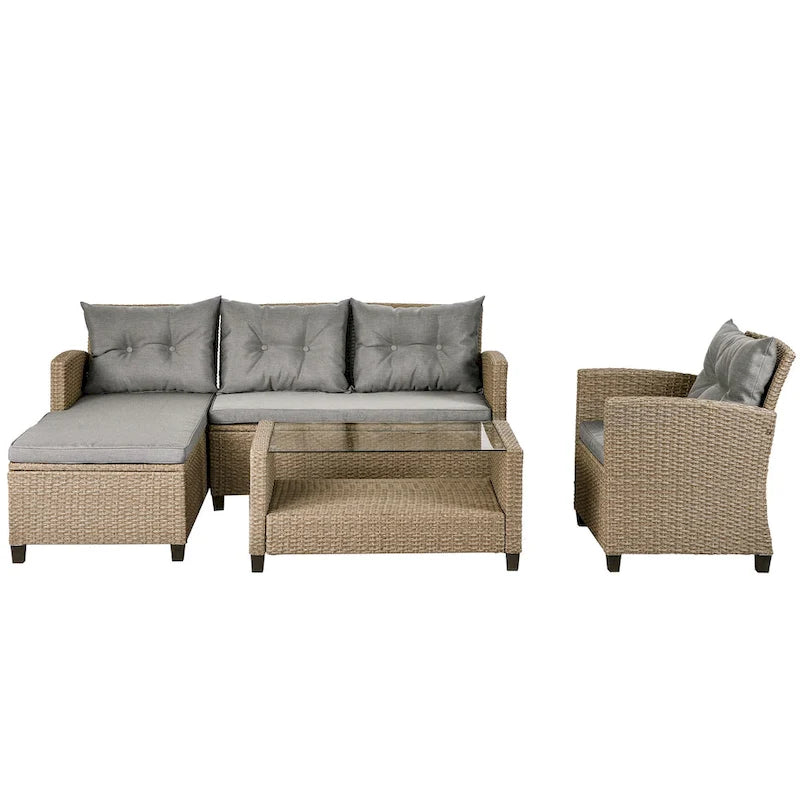 Salon, Extérieur, Ensembles de mobilier de patio, Canapé sectionnel en rotin 4 pièces avec coussins d'assise
