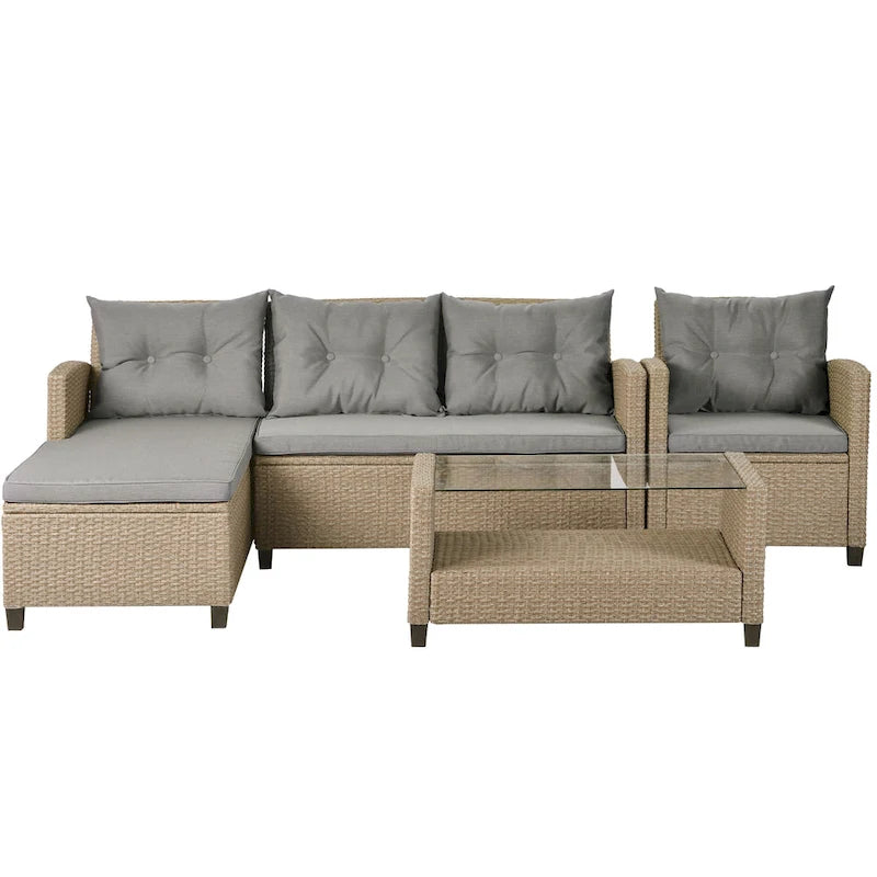 Salon, Extérieur, Ensembles de mobilier de patio, Canapé sectionnel en rotin 4 pièces avec coussins d'assise