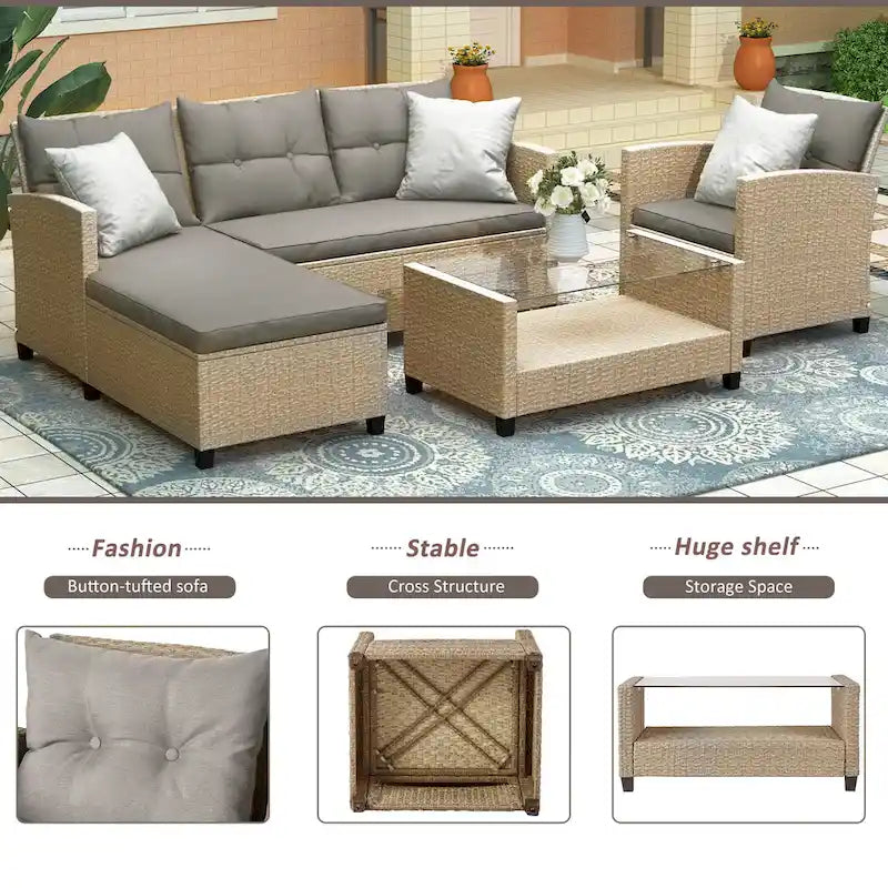 Salon, Extérieur, Ensembles de mobilier de patio, Canapé sectionnel en rotin 4 pièces avec coussins d'assise