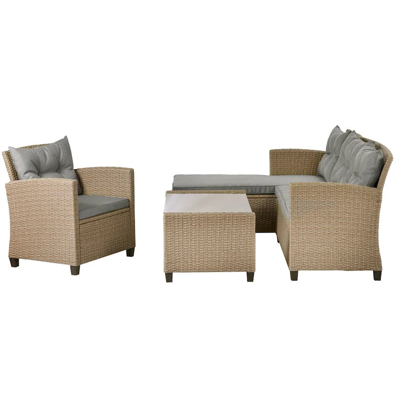 Salon, Extérieur, Ensembles de mobilier de patio, Canapé sectionnel en rotin 4 pièces avec coussins d'assise