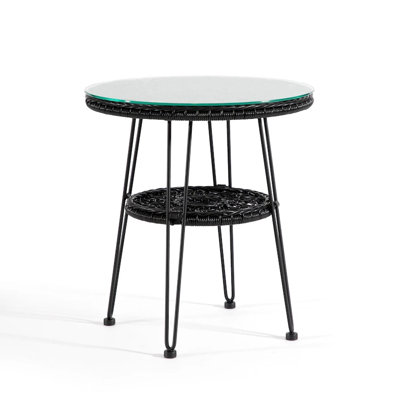 Table basse d'extérieur ronde Dana Boho de 19 po en osier avec plateau en verre trempé et pieds en métal par M&L Co.