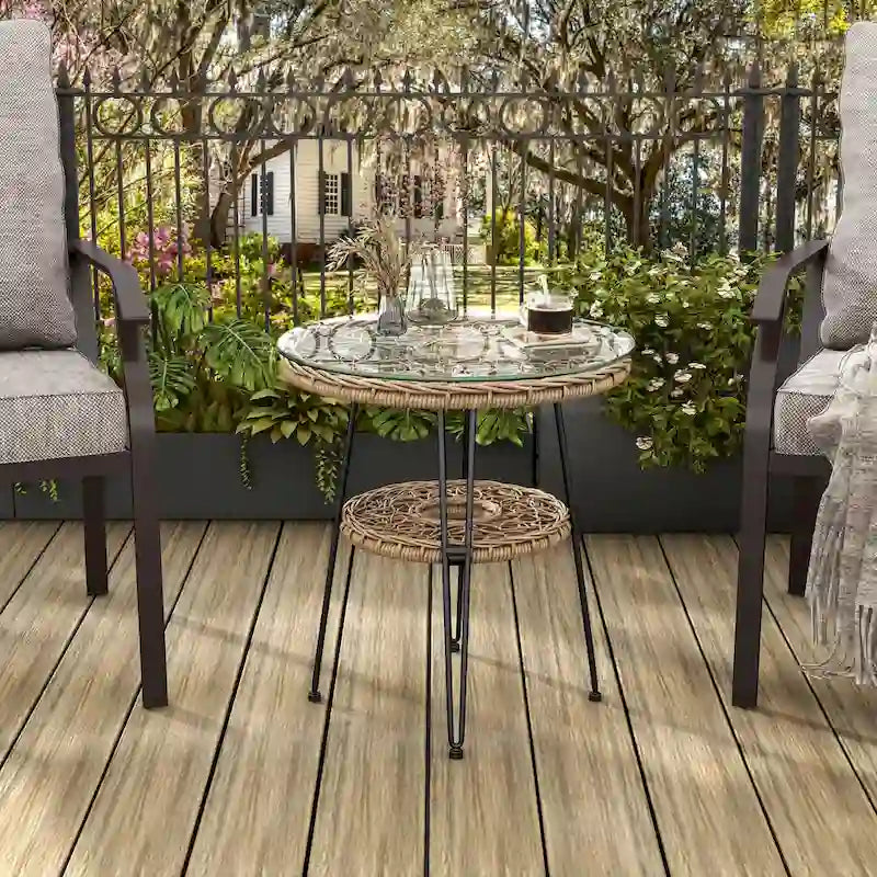 Dana Boho 19-inch Outdoor Patio Wicker Round Coffee Table with Tempered Glass Top and Metal Legs by M&L Co.