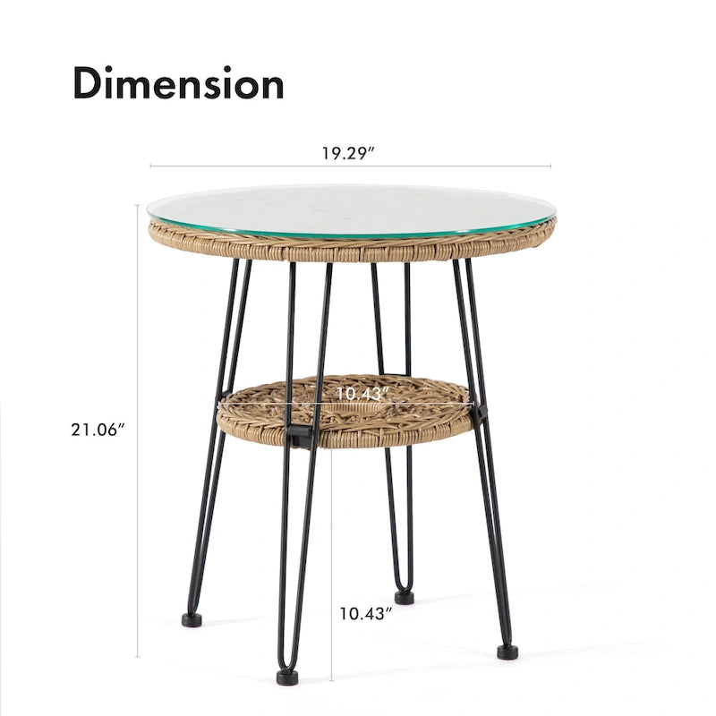 Table basse d'extérieur ronde Dana Boho de 19 po en osier avec plateau en verre trempé et pieds en métal par M&L Co.