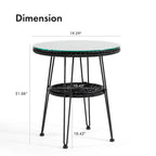 Table basse d'extérieur ronde Dana Boho de 19 po en osier avec plateau en verre trempé et pieds en métal par M&L Co.