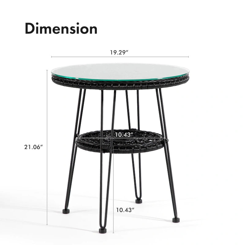 Table basse d'extérieur ronde Dana Boho de 19 po en osier avec plateau en verre trempé et pieds en métal par M&L Co.
