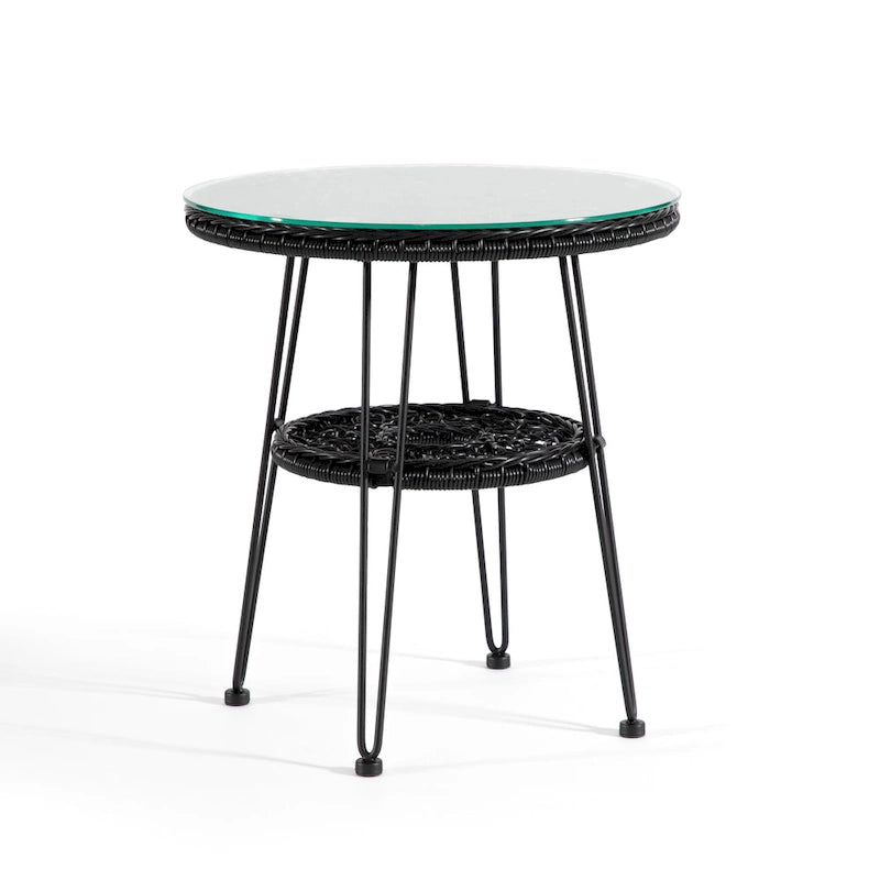 Table basse d'extérieur ronde Dana Boho de 19 po en osier avec plateau en verre trempé et pieds en métal par M&L Co.