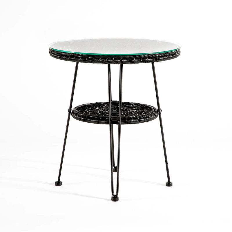 Table basse d'extérieur ronde Dana Boho de 19 po en osier avec plateau en verre trempé et pieds en métal par M&L Co.