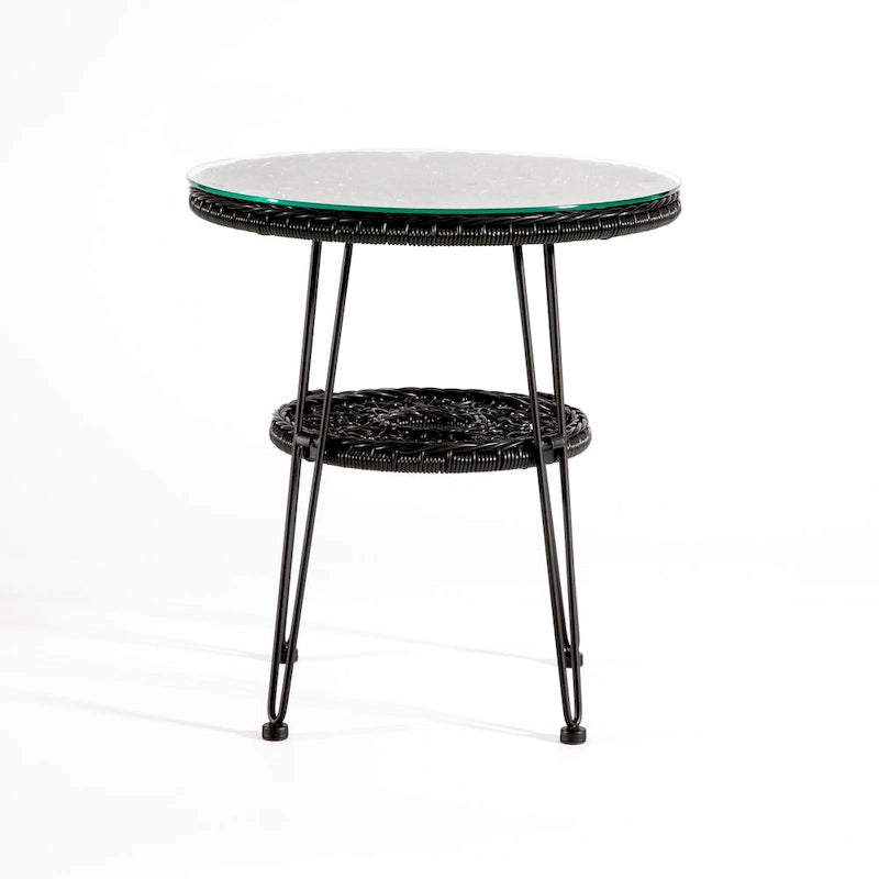 Table basse d'extérieur ronde Dana Boho de 19 po en osier avec plateau en verre trempé et pieds en métal par M&L Co.