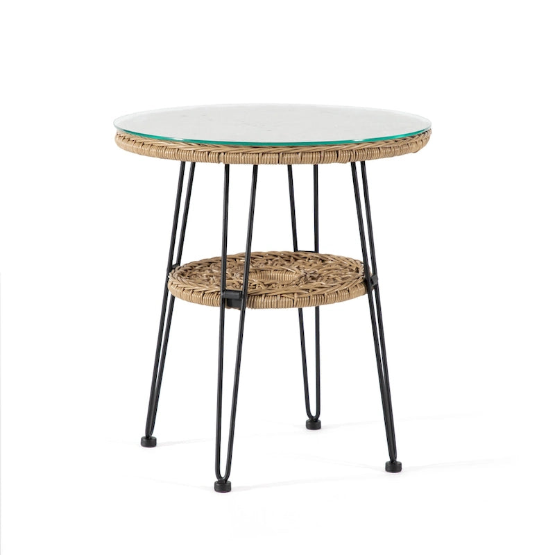 Table basse d'extérieur ronde Dana Boho de 19 po en osier avec plateau en verre trempé et pieds en métal par M&L Co.