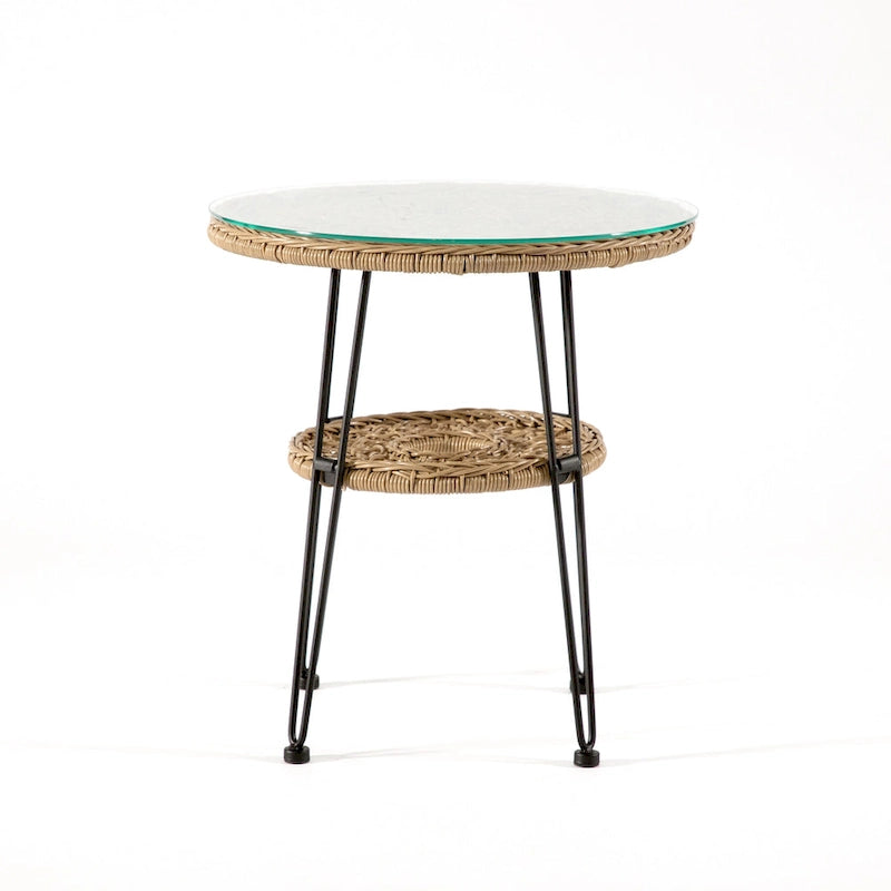Table basse d'extérieur ronde Dana Boho de 19 po en osier avec plateau en verre trempé et pieds en métal par M&L Co.