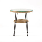 Table basse d'extérieur ronde Dana Boho de 19 po en osier avec plateau en verre trempé et pieds en métal par M&L Co.