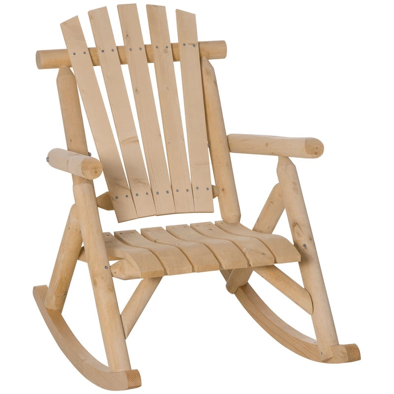Fauteuil à bascule Outsunny Adirondack rustique d'extérieur, rocking chair de patio en bois de sapin au design bûche à lattes pour la détente sur la véranda ou dans le jardin
