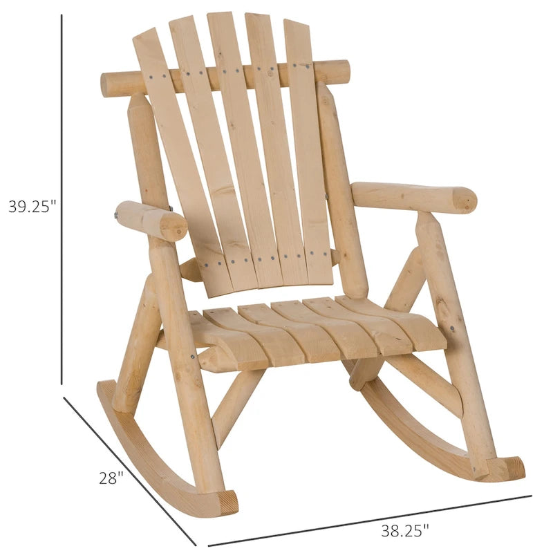 Fauteuil à bascule Outsunny Adirondack rustique d'extérieur, rocking chair de patio en bois de sapin au design bûche à lattes pour la détente sur la véranda ou dans le jardin