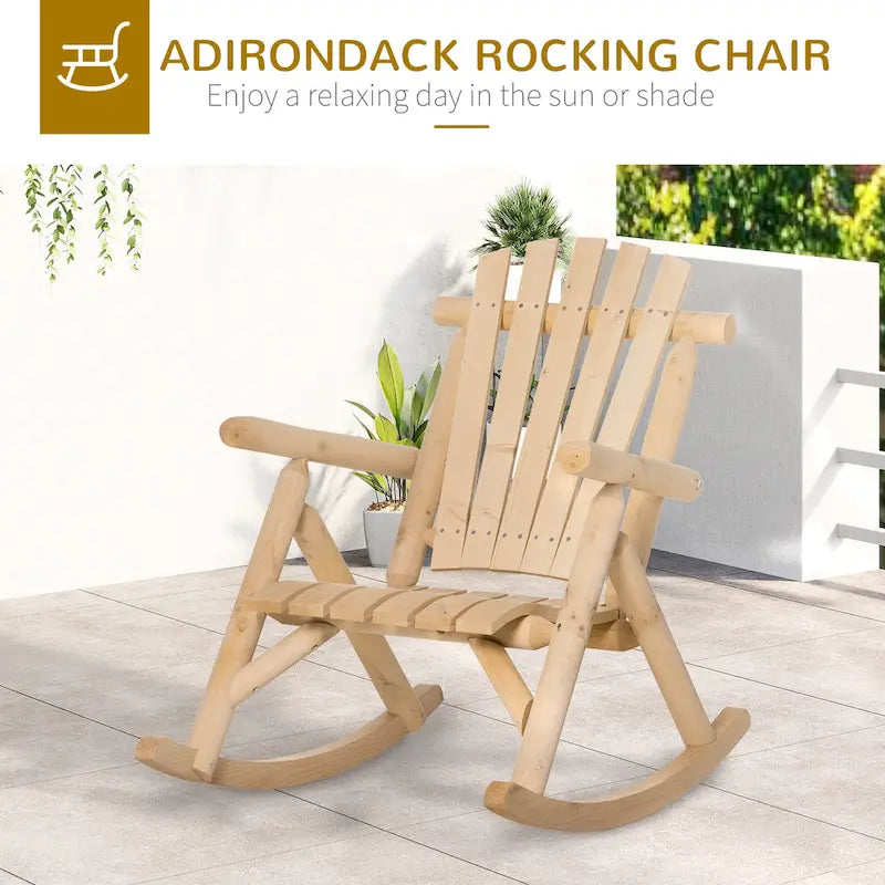 Fauteuil à bascule Outsunny Adirondack rustique d'extérieur, rocking chair de patio en bois de sapin au design bûche à lattes pour la détente sur la véranda ou dans le jardin