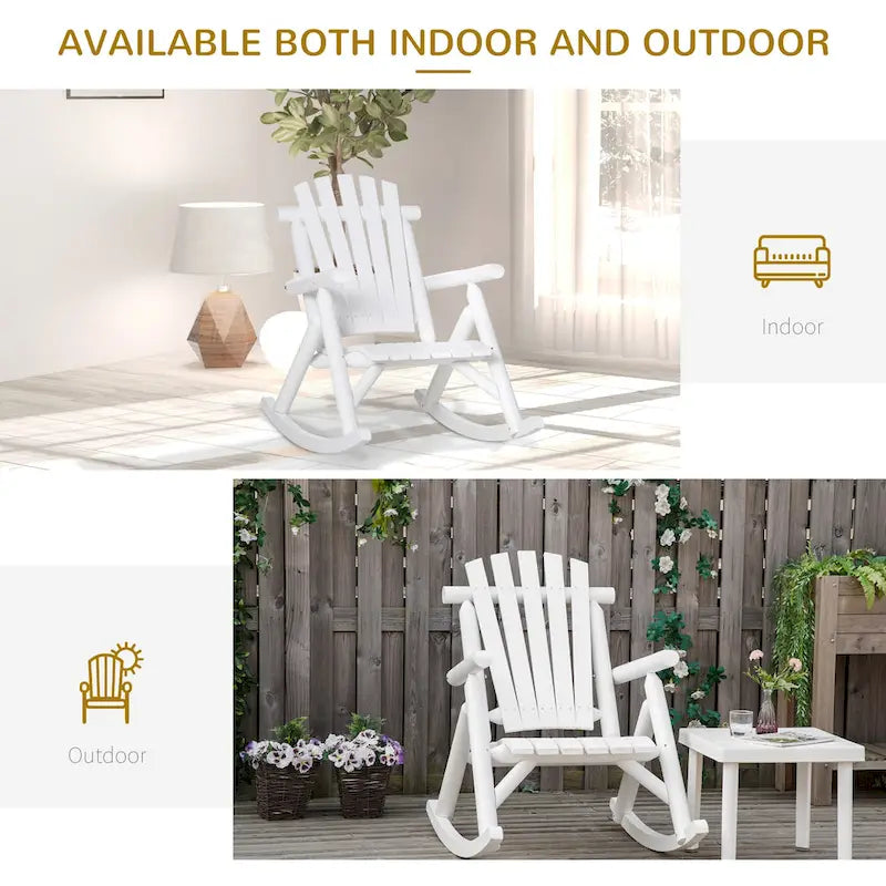 Fauteuil à bascule Outsunny Adirondack rustique d'extérieur, rocking chair de patio en bois de sapin au design bûche à lattes pour la détente sur la véranda ou dans le jardin