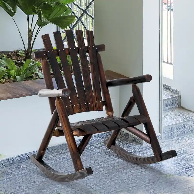Fauteuil à bascule Outsunny Adirondack rustique d'extérieur, rocking chair de patio en bois de sapin au design bûche à lattes pour la détente sur la véranda ou dans le jardin