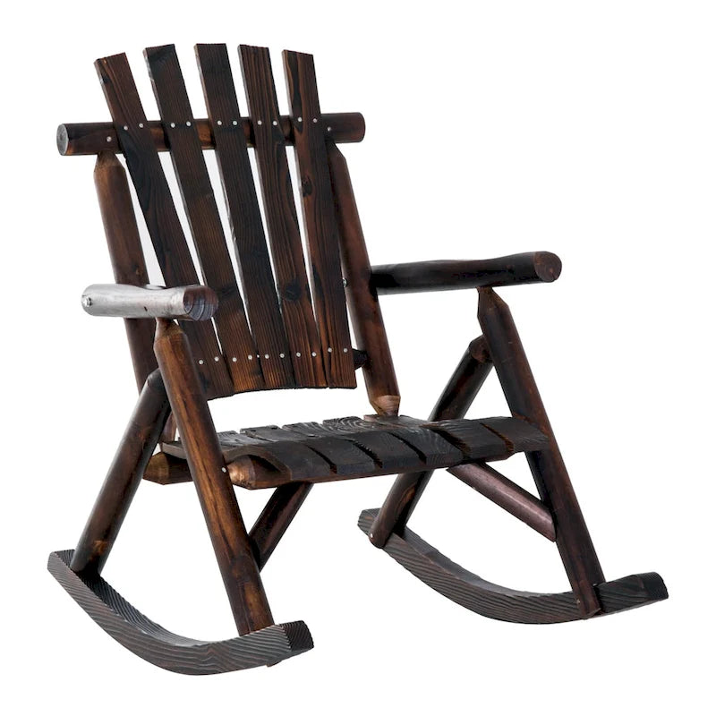 Fauteuil à bascule Outsunny Adirondack rustique d'extérieur, rocking chair de patio en bois de sapin au design bûche à lattes pour la détente sur la véranda ou dans le jardin