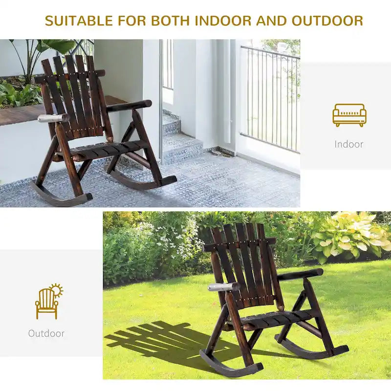 Fauteuil à bascule Outsunny Adirondack rustique d'extérieur, rocking chair de patio en bois de sapin au design bûche à lattes pour la détente sur la véranda ou dans le jardin