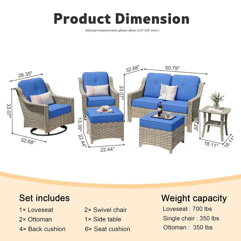 XIZZI Ensemble de mobilier d'extérieur 6 pièces à dossier haut avec fauteuil pivotant