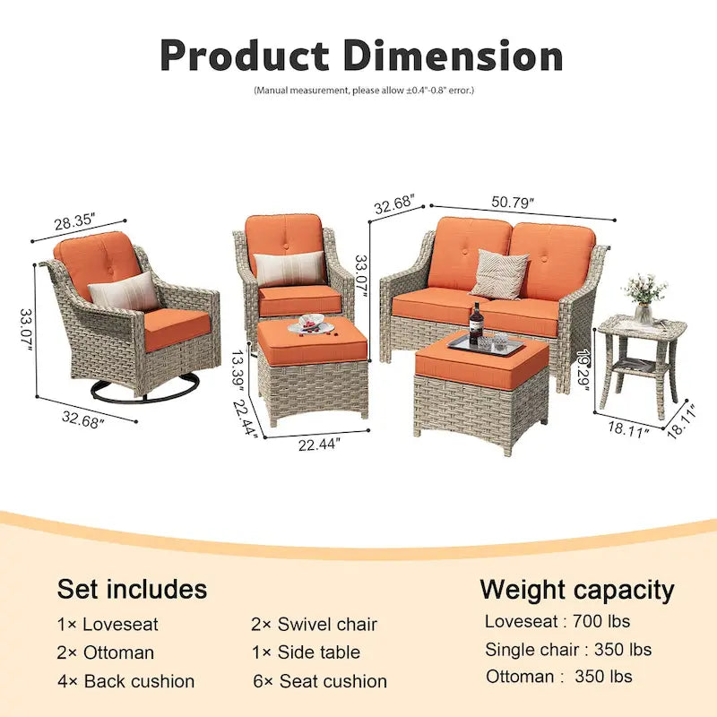 XIZZI Ensemble de mobilier d'extérieur 6 pièces à dossier haut avec fauteuil pivotant