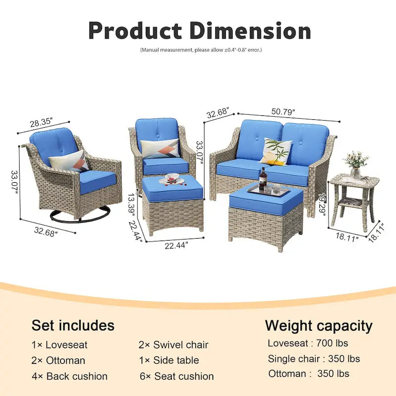 XIZZI Ensemble de mobilier d'extérieur 6 pièces à dossier haut avec fauteuil pivotant
