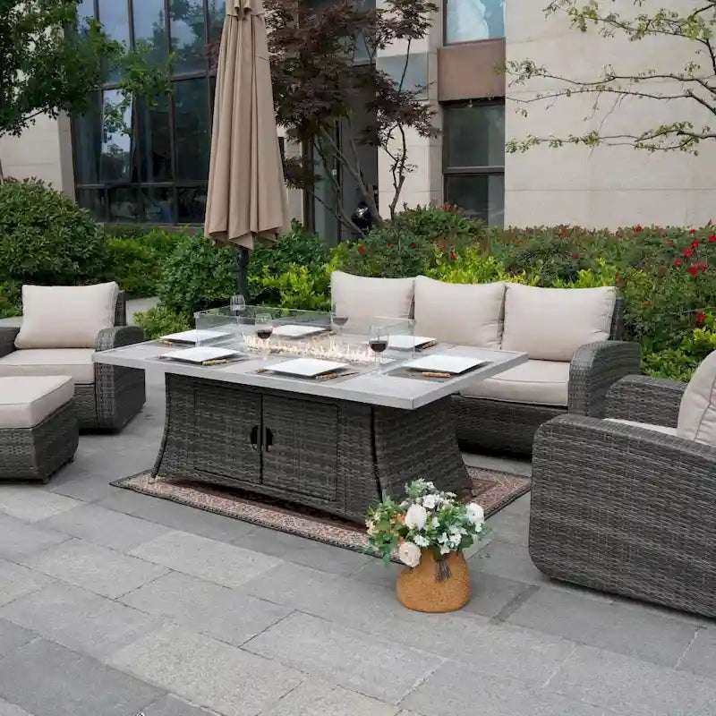 Ensemble de canapé d'extérieur en osier 5 pièces avec table brasero en aluminium