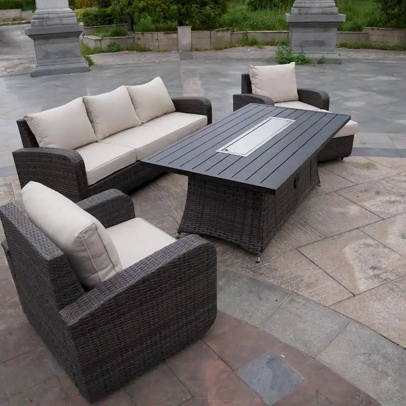 Ensemble de canapé d'extérieur en osier 5 pièces avec table brasero en aluminium