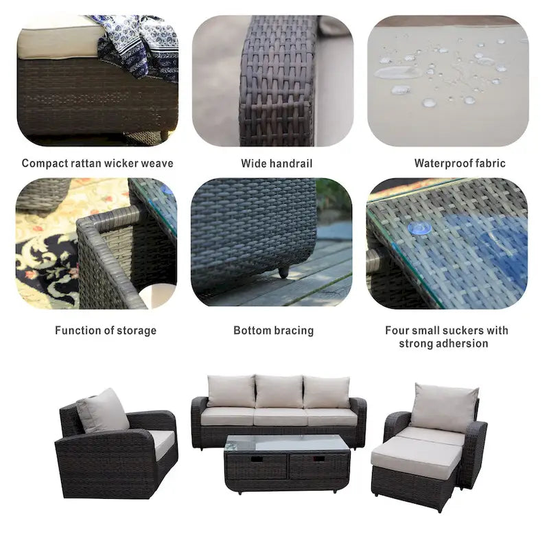 Ensemble de canapé d'extérieur en osier 5 pièces avec table brasero en aluminium