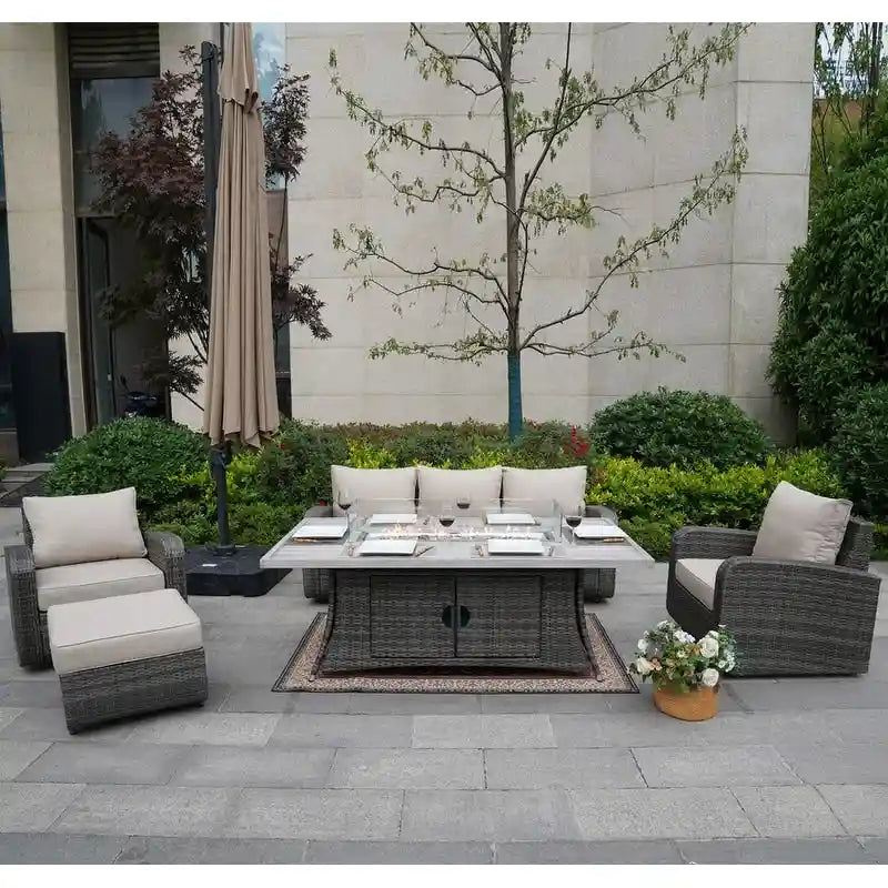 Ensemble de canapé d'extérieur en osier 5 pièces avec table brasero en aluminium