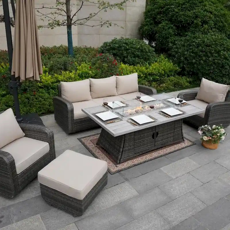 Ensemble de canapé d'extérieur en osier 5 pièces avec table brasero en aluminium