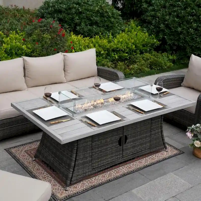 Ensemble de canapé d'extérieur en osier 5 pièces avec table brasero en aluminium