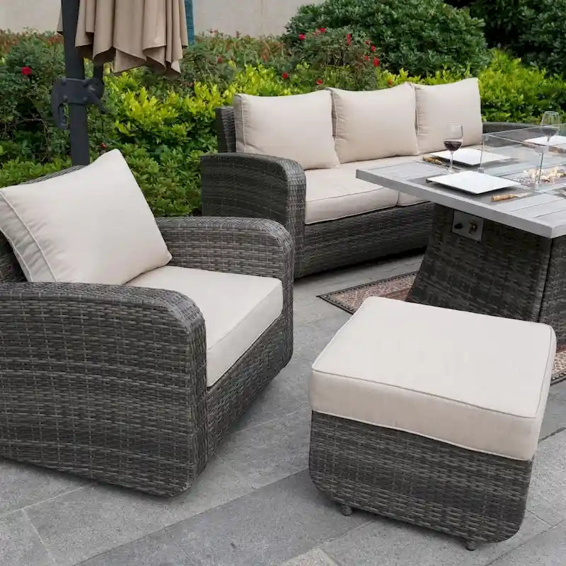 Ensemble de canapé d'extérieur en osier 5 pièces avec table brasero en aluminium