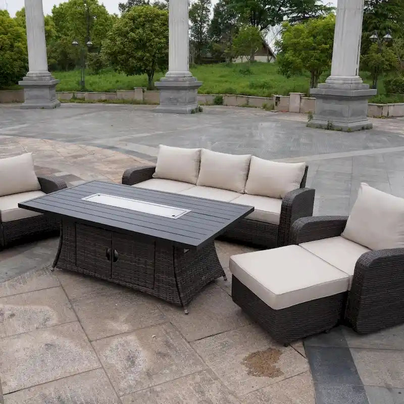 Ensemble de canapé d'extérieur en osier 5 pièces avec table brasero en aluminium
