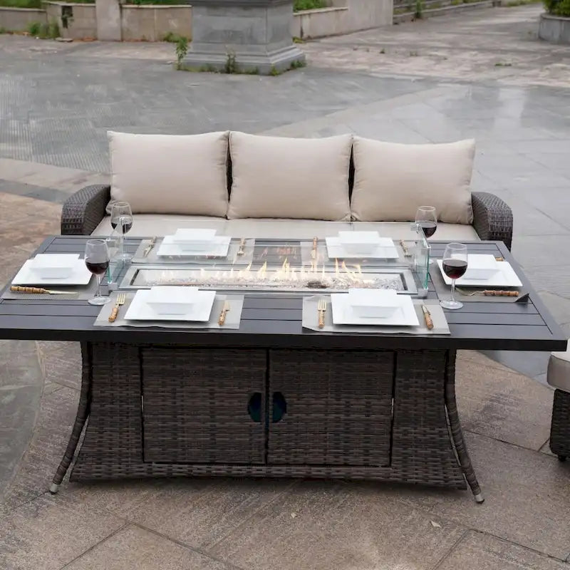 Ensemble de canapé d'extérieur en osier 5 pièces avec table brasero en aluminium