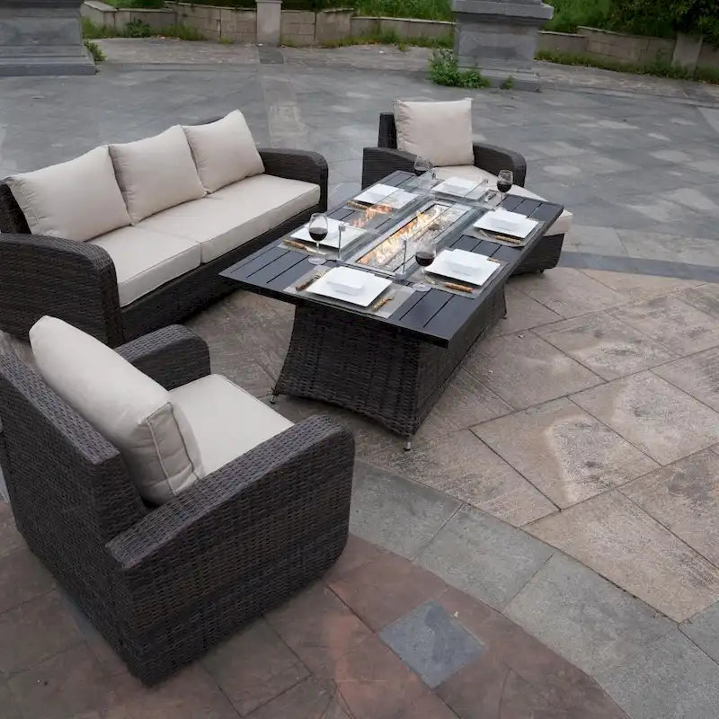 Ensemble de canapé d'extérieur en osier 5 pièces avec table brasero en aluminium