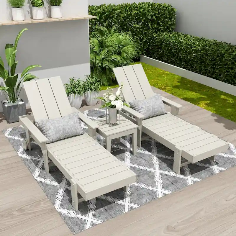Polytrends Shoreside Modern Poly Reclining Eco-friendly Chaise Lounge With Arms, Wheels, and Side Table (3-Piece Set)