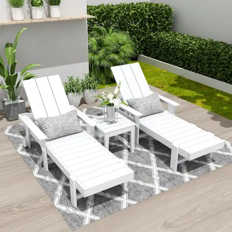 Polytrends Shoreside Modern Poly Reclining Eco-friendly Chaise Lounge With Arms, Wheels, and Side Table (3-Piece Set)