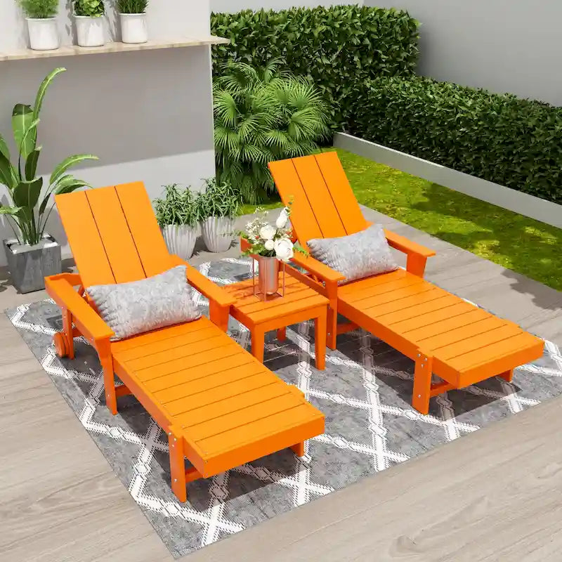 Polytrends Shoreside Modern Poly Reclining Eco-friendly Chaise Lounge With Arms, Wheels, and Side Table (3-Piece Set)