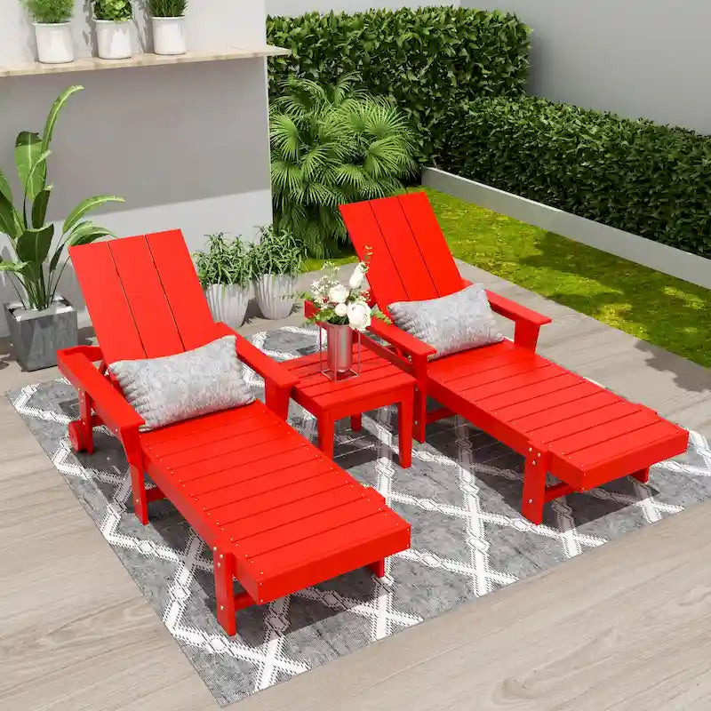 Polytrends Shoreside Modern Poly Reclining Eco-friendly Chaise Lounge With Arms, Wheels, and Side Table (3-Piece Set)