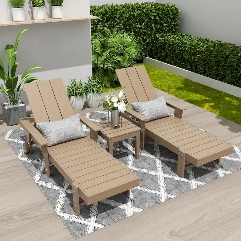 Polytrends Shoreside Modern Poly Reclining Eco-friendly Chaise Lounge With Arms, Wheels, and Side Table (3-Piece Set)