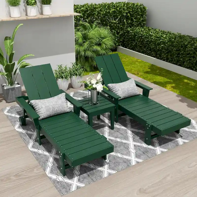 Polytrends Shoreside Modern Poly Reclining Eco-friendly Chaise Lounge With Arms, Wheels, and Side Table (3-Piece Set)