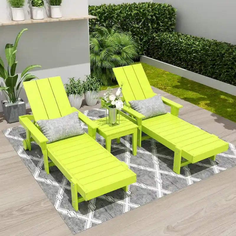 Polytrends Shoreside Modern Poly Reclining Eco-friendly Chaise Lounge With Arms, Wheels, and Side Table (3-Piece Set)