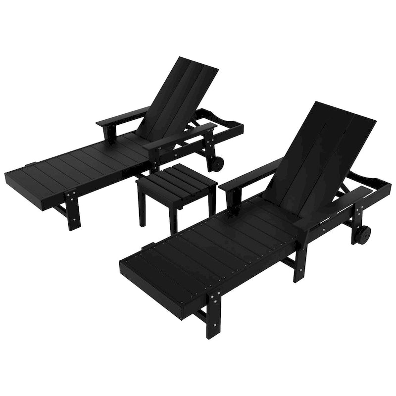 Chaise longue inclinable moderne et écologique Polytrends Shoreside en polypropylène avec accoudoirs, roulettes et table d'appoint (ensemble 3 pièces)