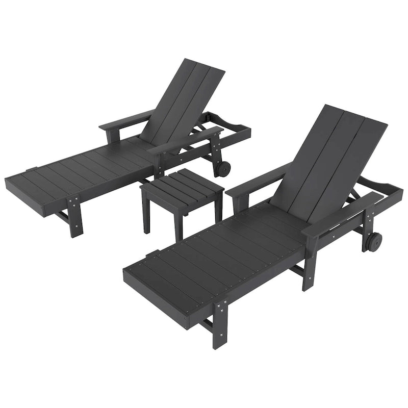 Chaise longue inclinable moderne et écologique Polytrends Shoreside en polypropylène avec accoudoirs, roulettes et table d'appoint (ensemble 3 pièces)