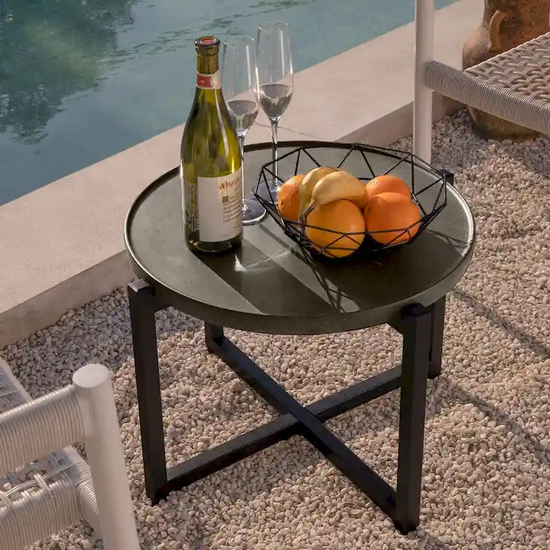COSIEST Table basse ronde d'extérieur en métal gris foncé