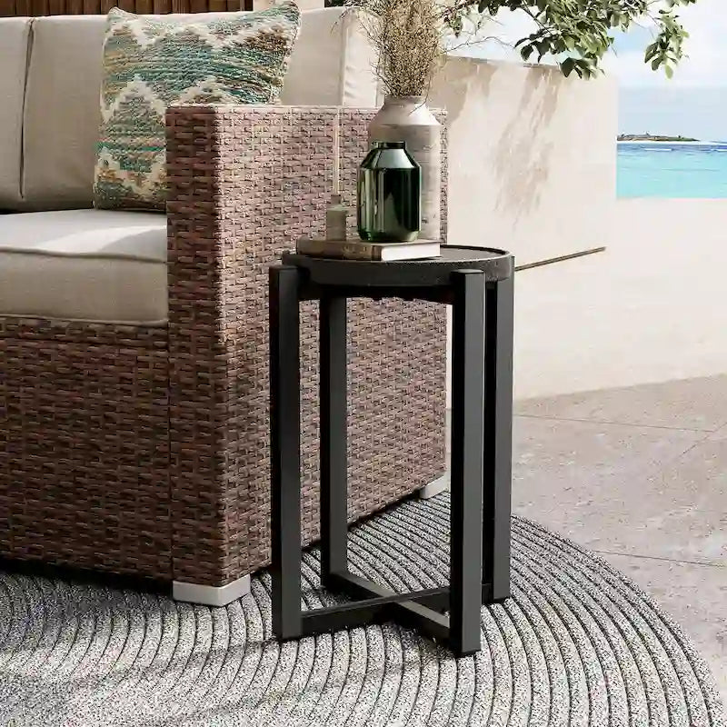 COSIEST Table basse ronde d'extérieur en métal gris foncé