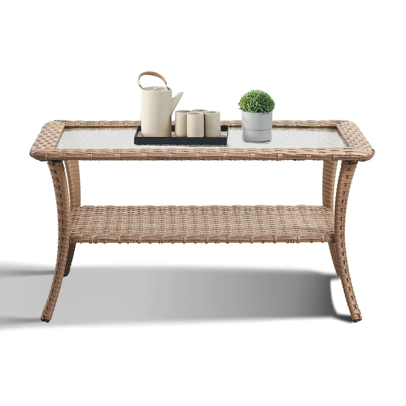 Table basse d'extérieur en osier avec plateau en verre